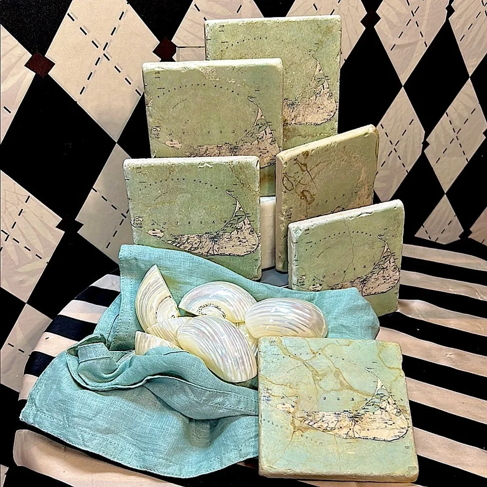 Vintage Nantucket Map Marble Coasters – Set of 6 | Aqua‎ Coastal Chic